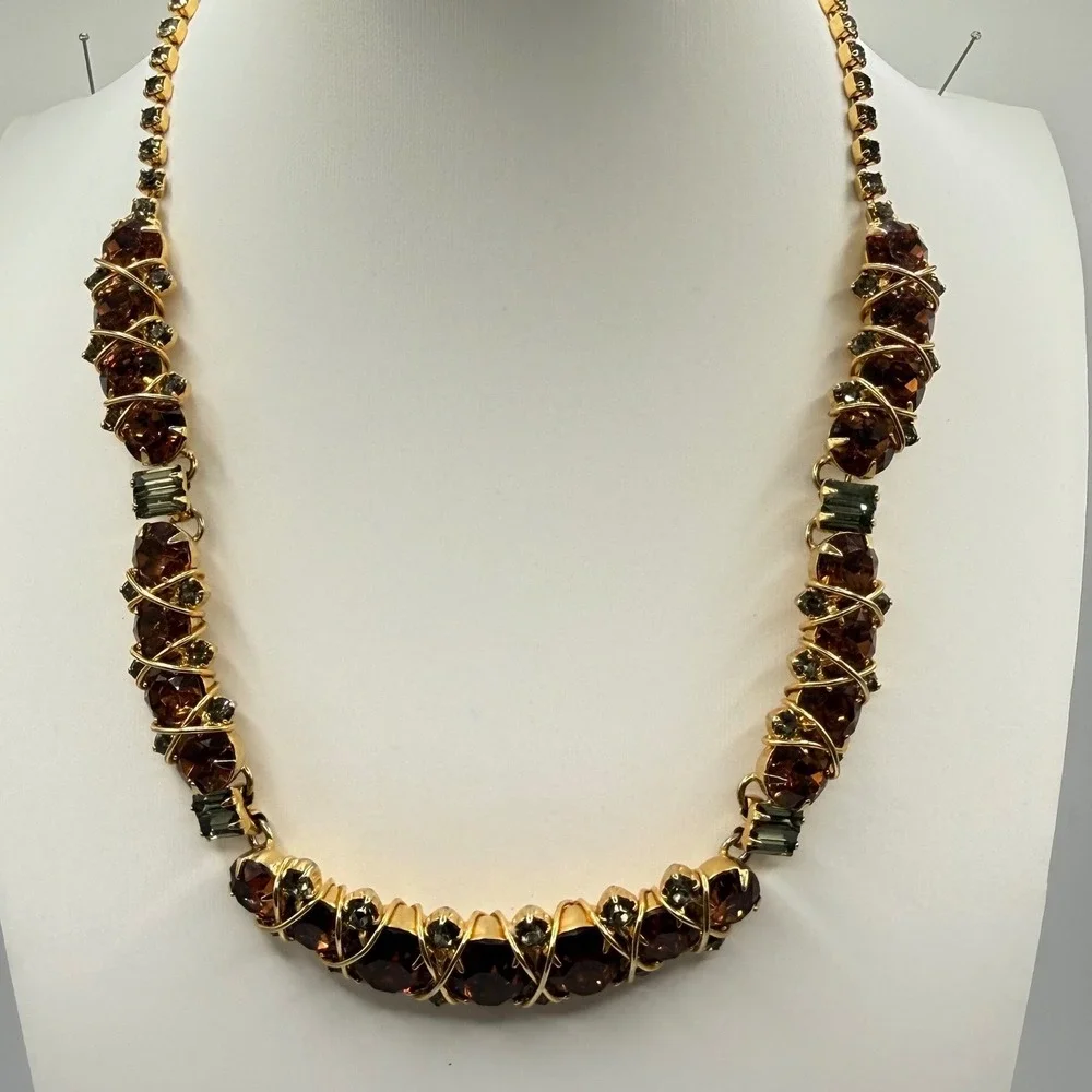 Hattie Carnegie Vintage Orange Smokey Gray Rhinestone Gold Tone Collar Necklace